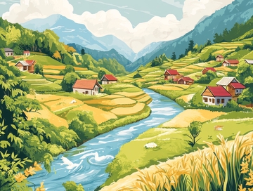 山谷溪流旁的田园村落