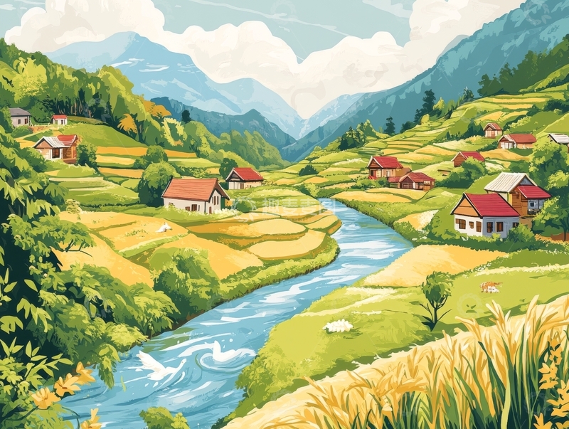 高清大图下载【趣麦麦图】山谷溪流旁的田园村落