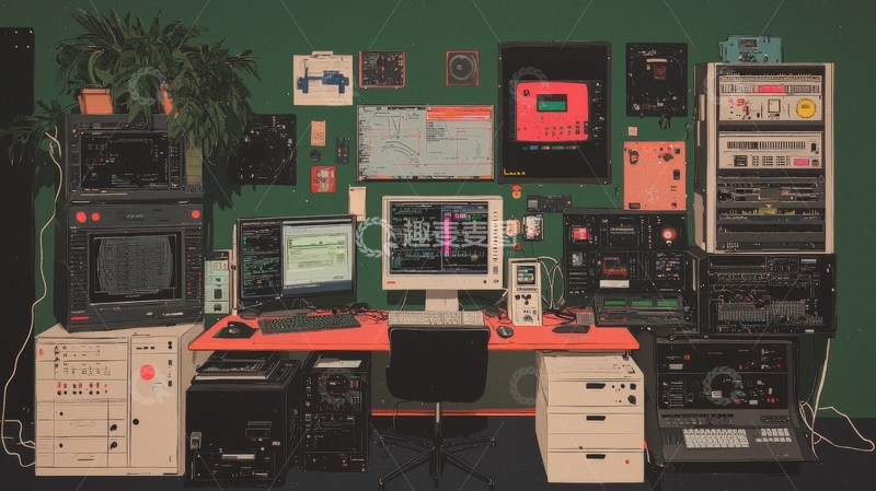 高清大图下载【趣麦麦图】复古电子工作台与显示器