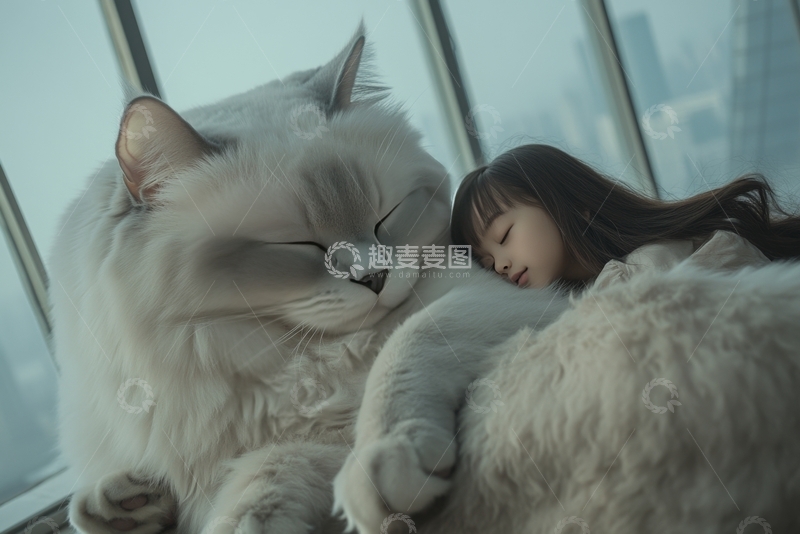 高清大图下载【趣麦麦图】小女孩与大白猫温馨相拥