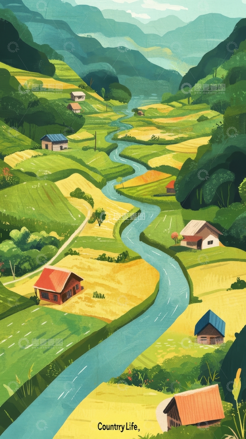 高清大图下载【趣麦麦图】乡村河流与梯田的宁静景象