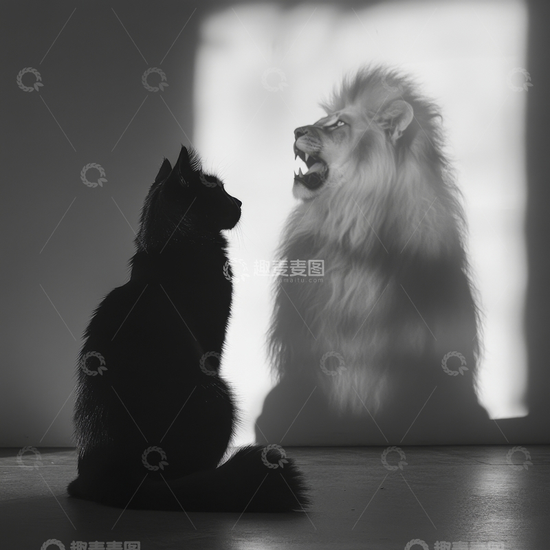 高清大图下载【趣麦麦图】黑猫与咆哮狮子的对视