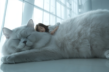 少女依偎在巨大白猫旁，温馨共眠