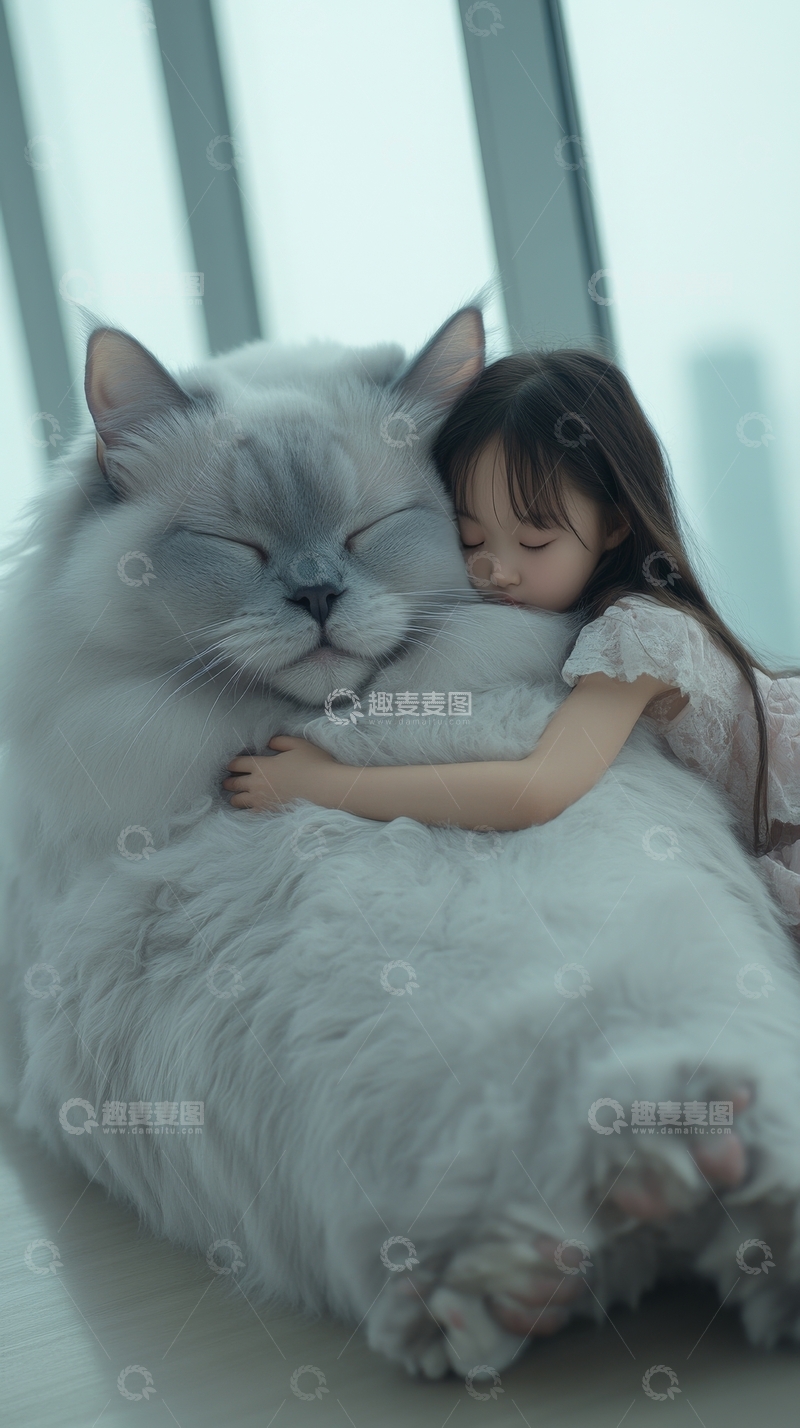 高清大图下载【趣麦麦图】小女孩依偎在大猫怀里，温馨场景