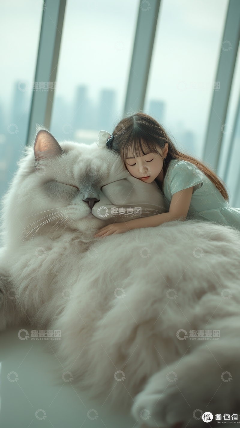 高清大图下载【趣麦麦图】少女与大猫亲密相拥，窗外城市风光