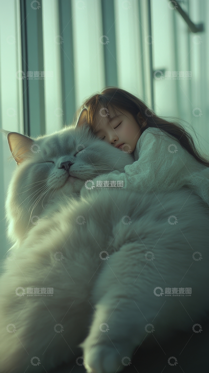 高清大图下载【趣麦麦图】小女孩与大白猫温馨相拥