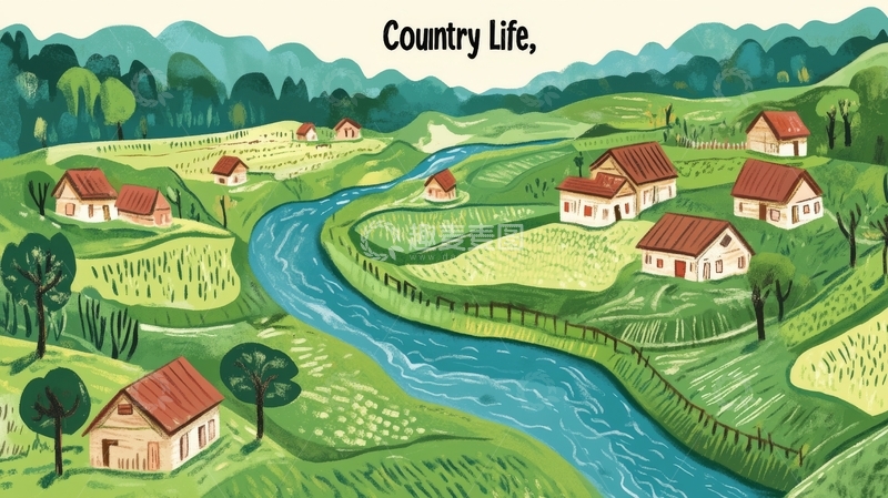 高清大图下载【趣麦麦图】乡村河流旁的宁静农舍