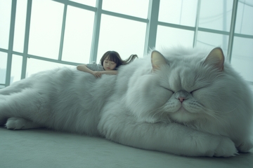 小女孩依偎在巨大白猫旁