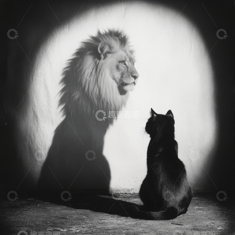 高清大图下载【趣麦麦图】黑猫凝视投影中的雄狮