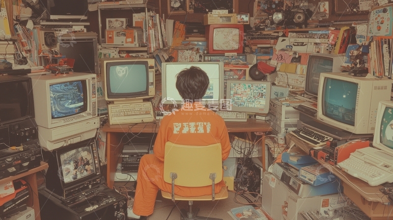 高清大图下载【趣麦麦图】复古房间中的人专注电脑工作