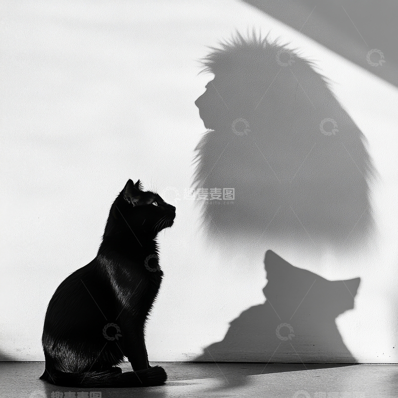 高清大图下载【趣麦麦图】黑猫与影子的奇幻对话