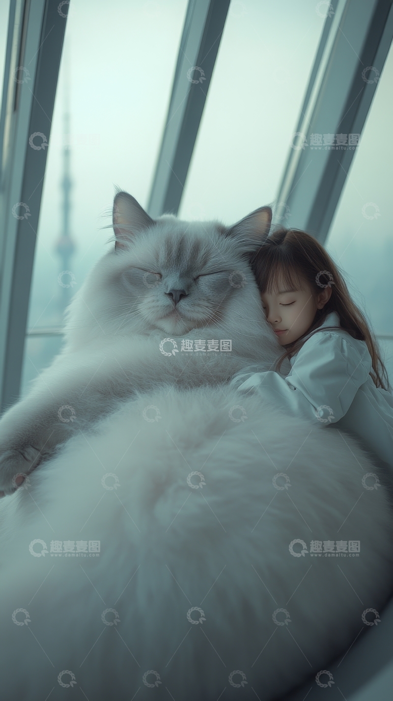 高清大图下载【趣麦麦图】女孩依偎在大白猫旁，窗外雾气朦胧