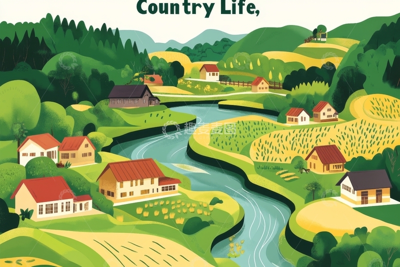 高清大图下载【趣麦麦图】乡村河流环绕的田园风光