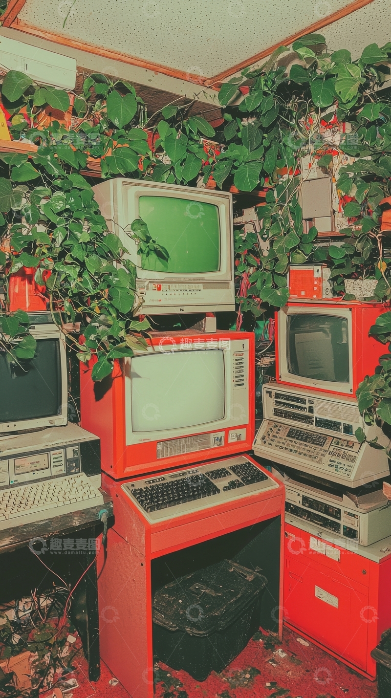 高清大图下载【趣麦麦图】复古电脑与绿植环绕的室内场景