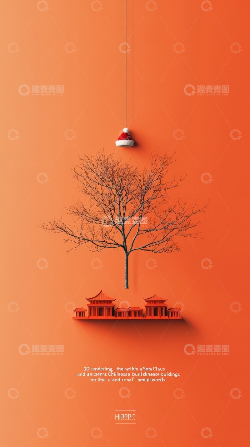 高清大图下载【趣麦麦图】橙色背景下的悬挂树与建筑