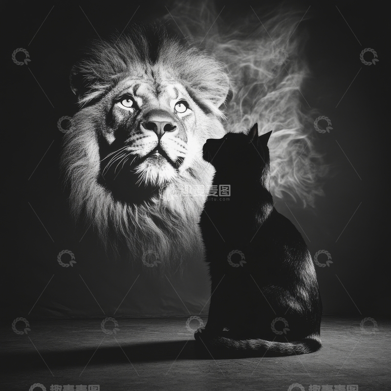 高清大图下载【趣麦麦图】黑猫与幻影狮子的对视