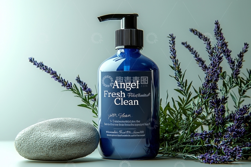 高清大图下载【趣麦麦图】蓝色瓶装清洁液与薰衣草石子静物