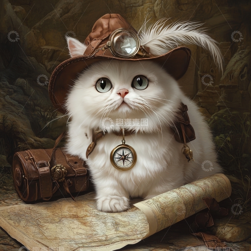 高清大图下载【趣麦麦图】探险猫咪，戴着帽子和怀表