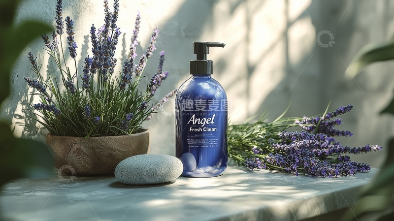 高清大图下载【趣麦麦图】薰衣草与蓝色瓶装液体的静谧场景
