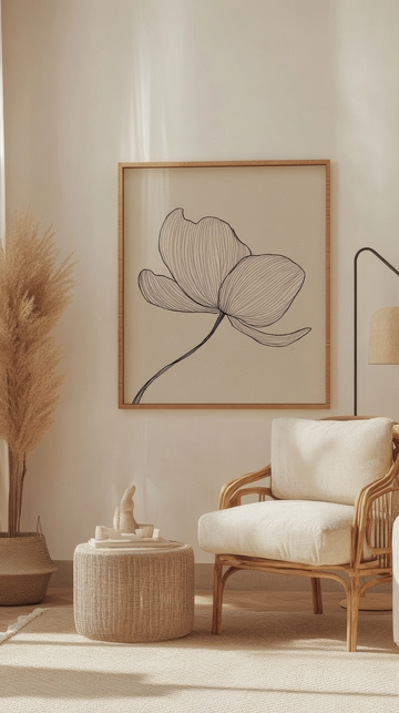 简约室内装饰，藤椅与花卉画框