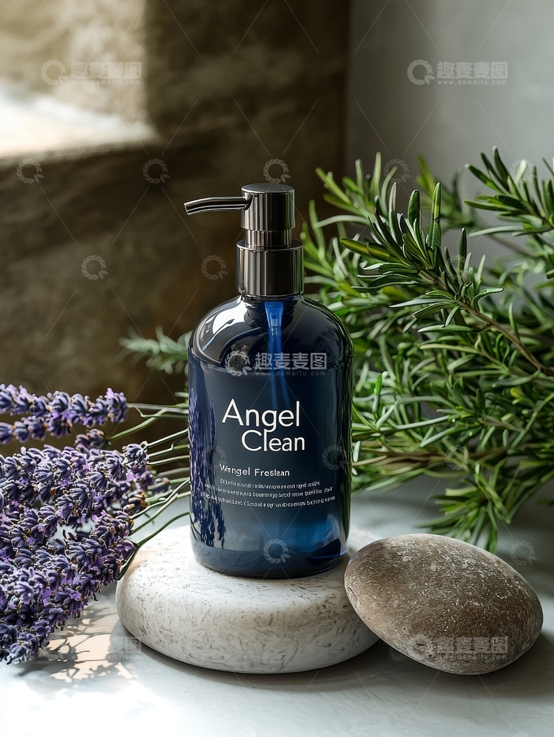 高清大图下载【趣麦麦图】-蓝色瓶装清洁剂与薰衣草、绿植和石块的静物组合