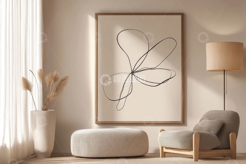 高清大图下载【趣麦麦图】简约室内装饰，抽象画与舒适座椅