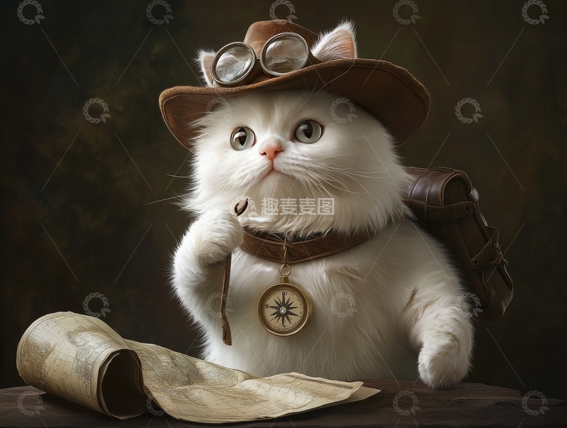 高清大图下载【趣麦麦图】探险猫咪，手持地图，身着复古装备