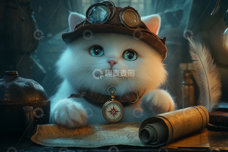 高清大图下载【趣麦麦图】戴护目镜的猫咪正在查看地图