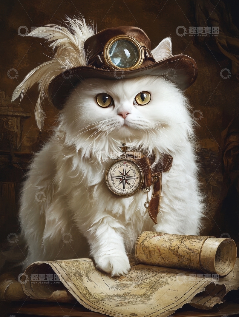 高清大图下载【趣麦麦图】戴帽白猫与古地图