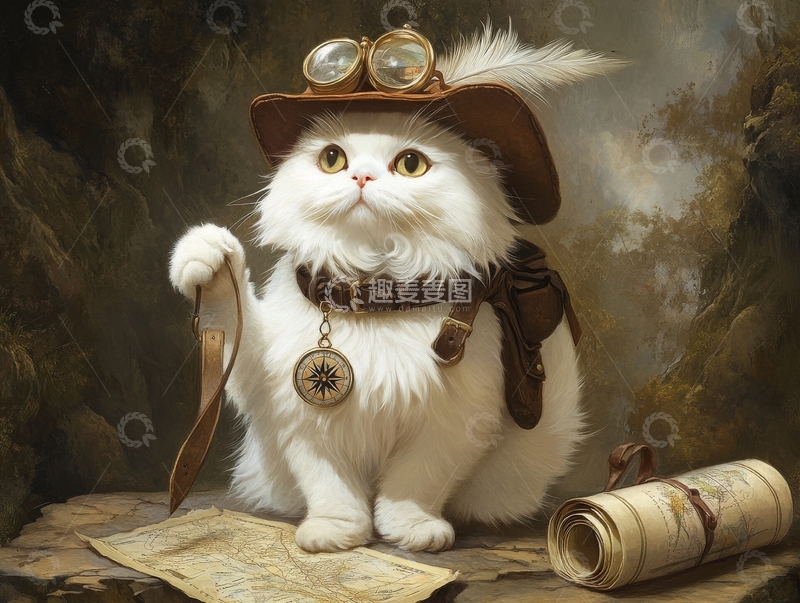 高清大图下载【趣麦麦图】探险猫咪：复古风格的冒险者