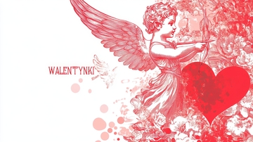 红色丘比特射箭，心形与花卉背景