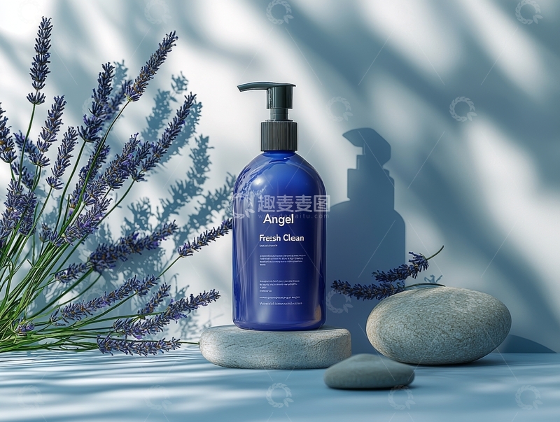 高清大图下载【趣麦麦图】蓝色瓶装清洁剂与薰衣草静物展示