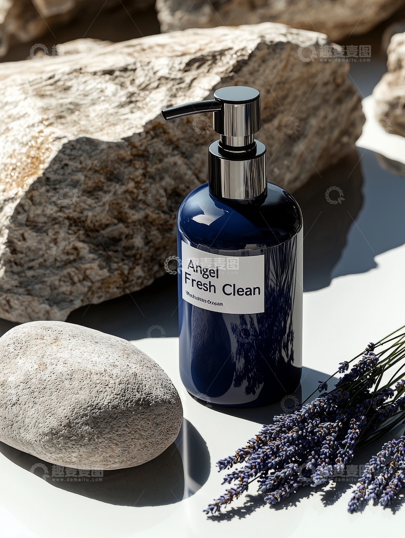 高清大图下载【趣麦麦图】蓝色瓶装清洁剂与薰衣草置于岩石旁