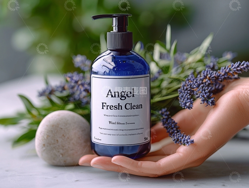 高清大图下载【趣麦麦图】手持蓝色瓶装清洁液与薰衣草