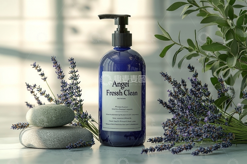 高清大图下载【趣麦麦图】蓝色瓶装清洁液与薰衣草装饰