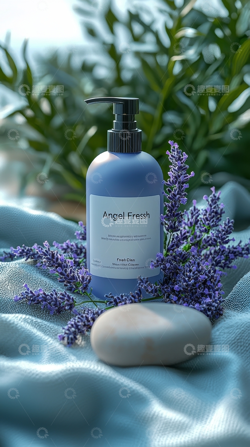 高清大图下载【趣麦麦图】蓝色瓶装液体与薰衣草花束静物