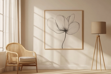 简约室内装饰，藤椅与花卉画框