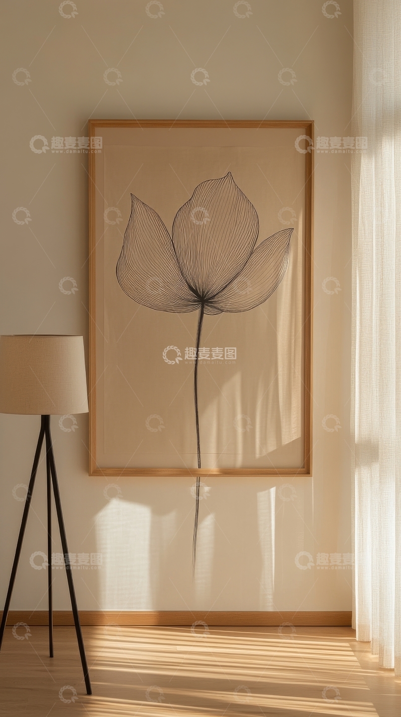 高清大图下载【趣麦麦图】简约室内装饰，花卉艺术画与光影效果
