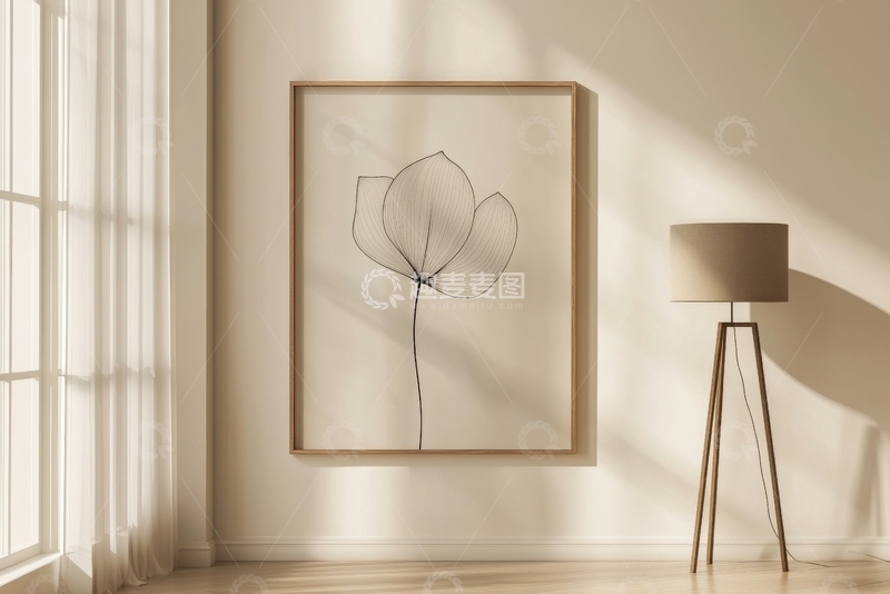 高清大图下载【趣麦麦图】简约室内装饰，线条艺术画与落地灯