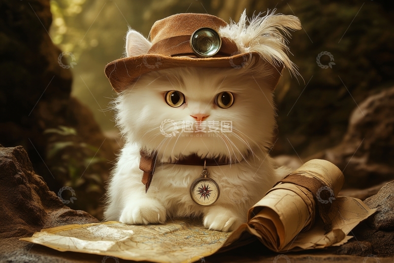 高清大图下载【趣麦麦图】-探险猫咪，戴着帽子和放大镜