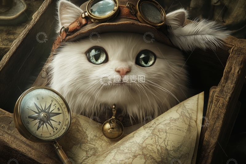 高清大图下载【趣麦麦图】戴护目镜的小猫与古老地图