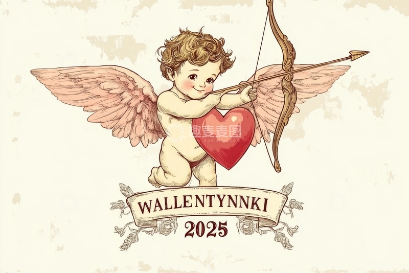 小天使手持弓箭与爱心，庆祝2025情人节