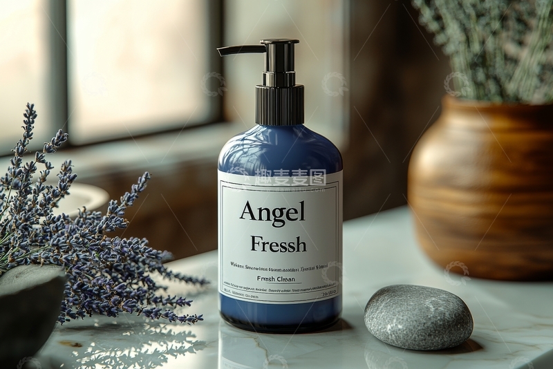 高清大图下载【趣麦麦图】蓝色瓶装洗手液置于大理石台面
