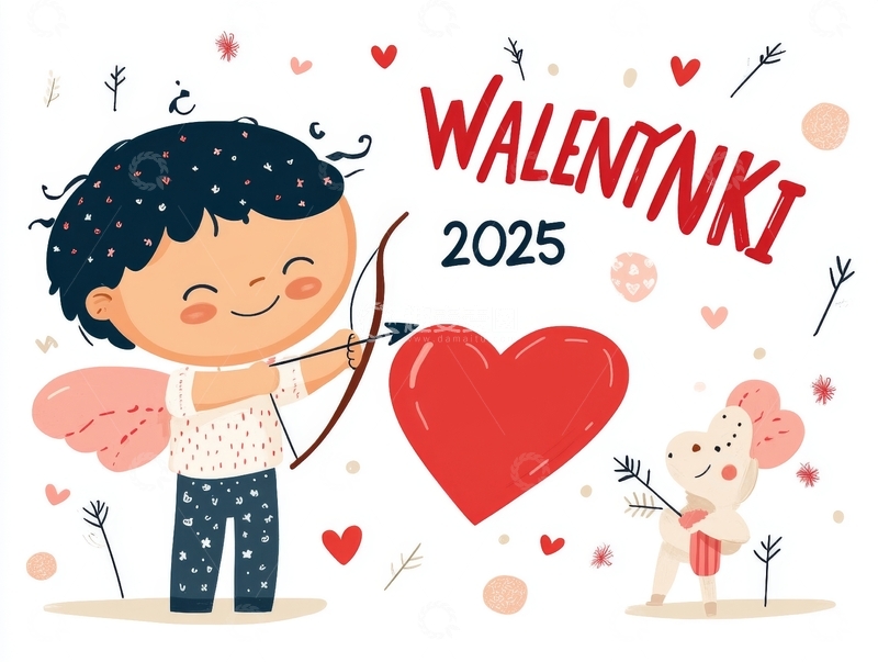 高清大图下载【趣麦麦图】2025情人节插画：男孩与小熊射箭