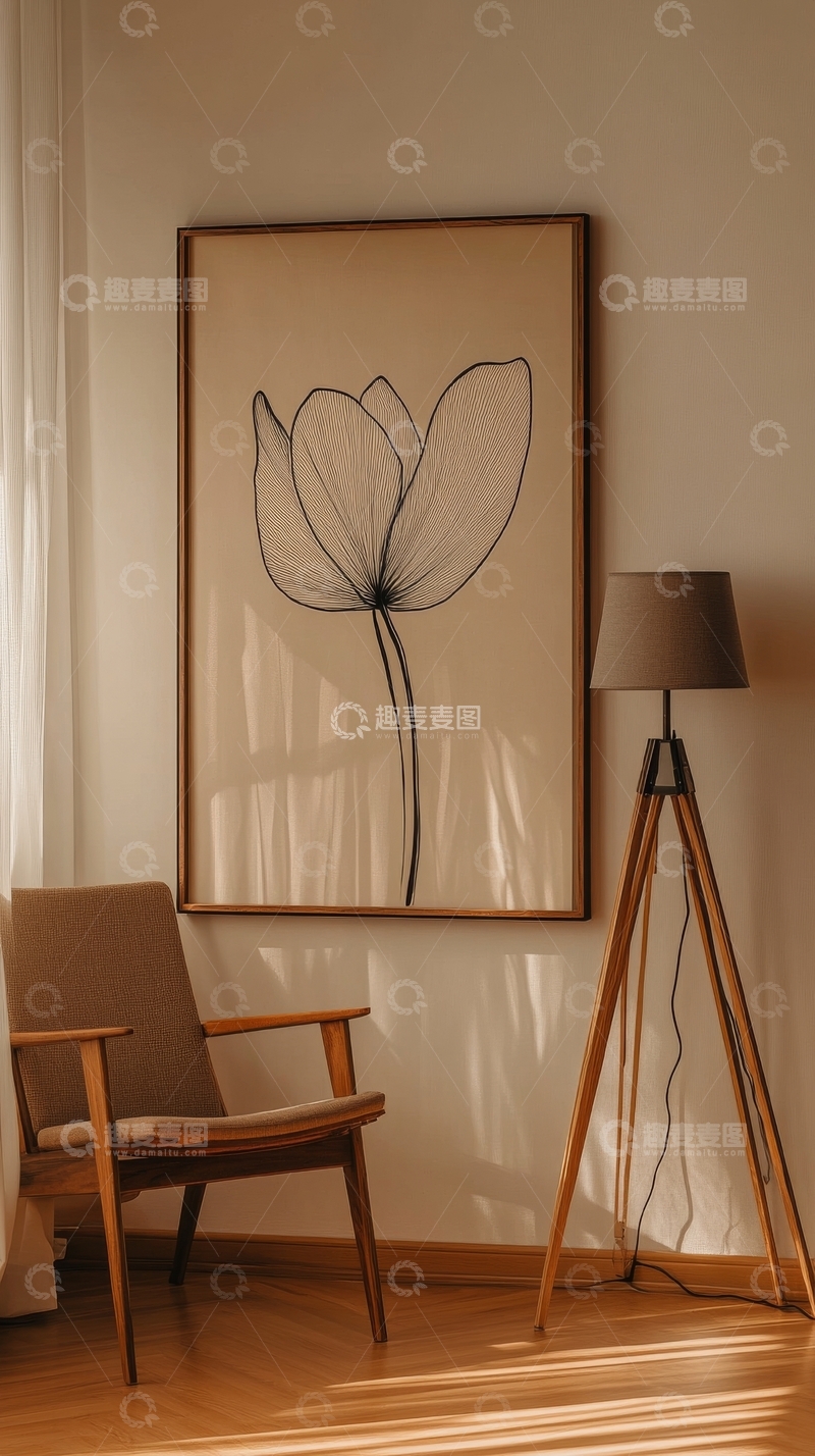 高清大图下载【趣麦麦图】简约室内装饰：椅子、落地灯与花卉画