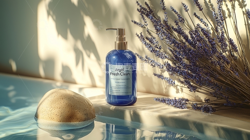 高清大图下载【趣麦麦图】蓝色瓶装清洁剂与薰衣草花束静物