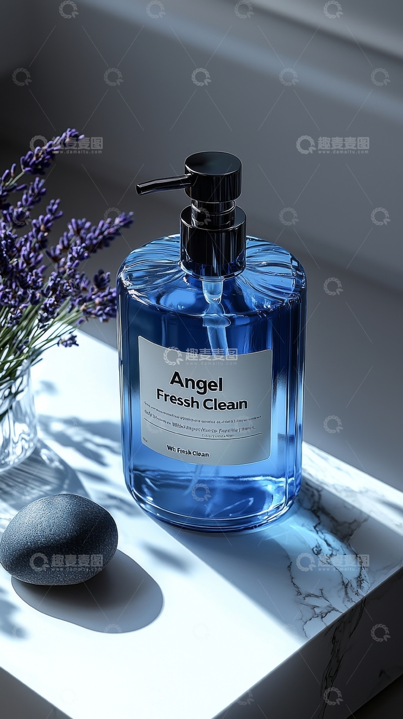 高清大图下载【趣麦麦图】蓝色洗手液瓶与薰衣草装饰