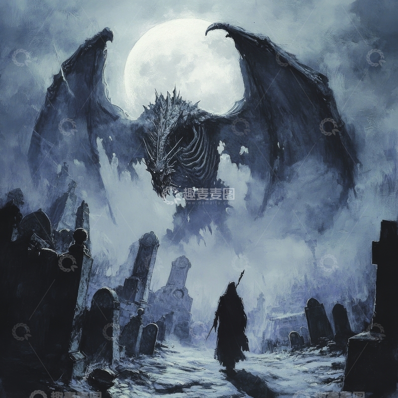 高清大图下载【趣麦麦图】月夜下的巨龙与墓地