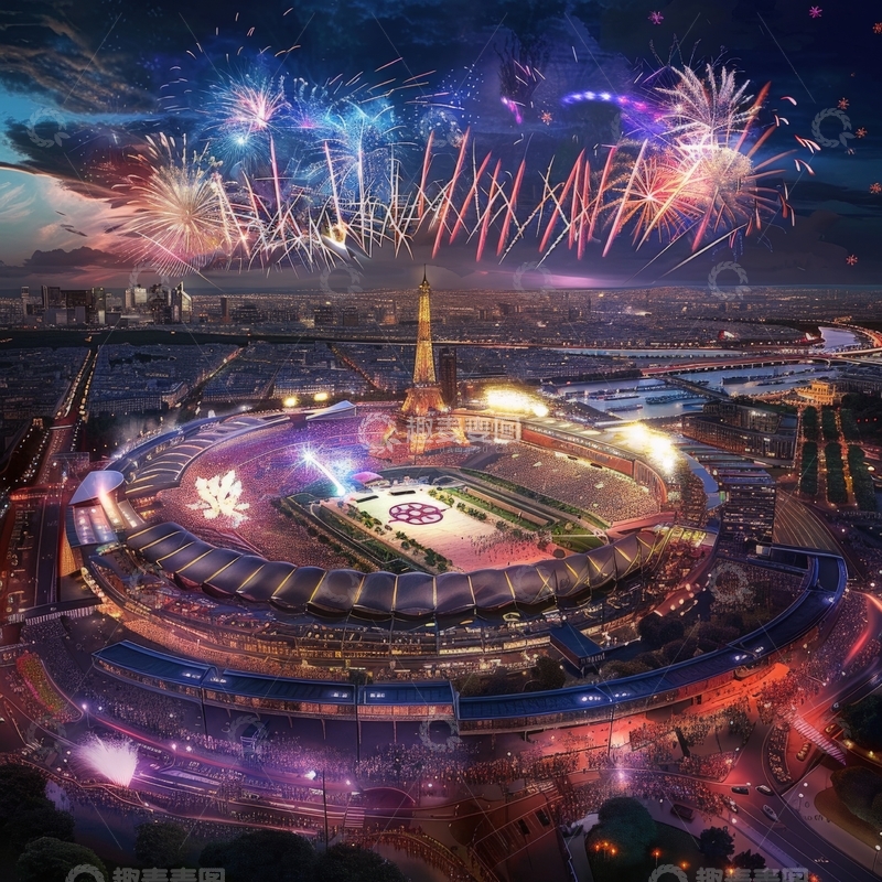 高清大图下载【趣麦麦图】体育场夜景烟花绽放