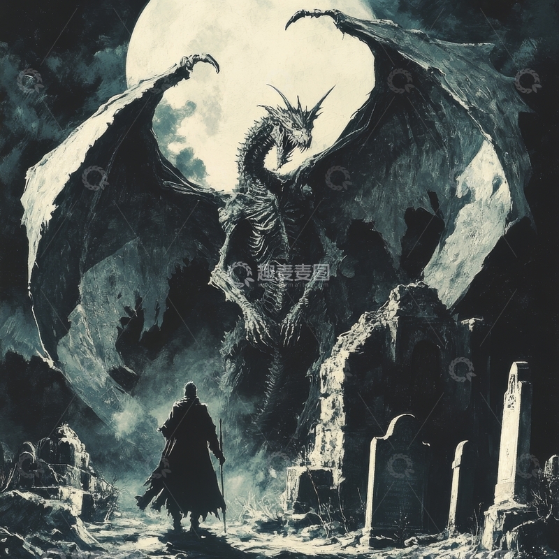 高清大图下载【趣麦麦图】夜幕下的墓地与巨龙
